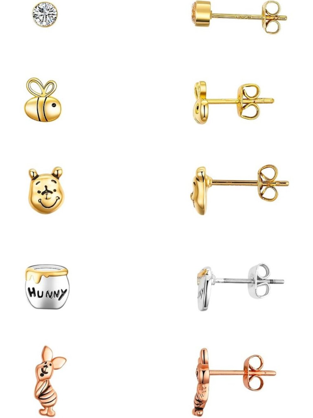 Adorable Tri-Tone CZ Winnie the Pooh 5-Piece Stud Earrings Set for Disney Fans